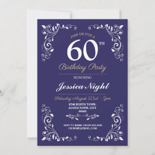 Navy White Elegant Birthday Womens Classy 60th Invitation