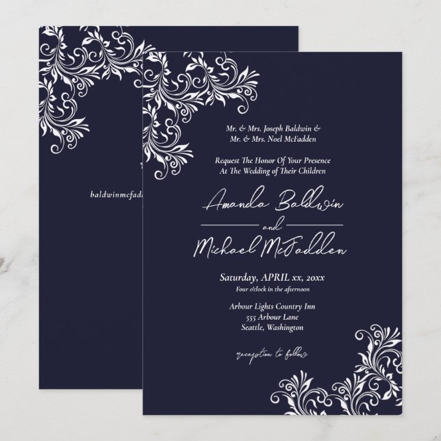 Navy & White Elegant Style Wedding Invitation (Front/Back)