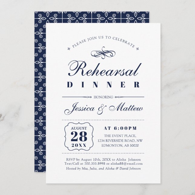 Navy & White | Elegant Wedding Rehearsal Dinner Invitation (Front/Back)