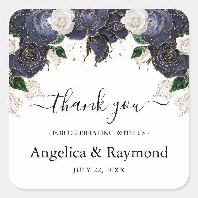 Navy & White Elegant Wedding Thank You Square Sticker (Front)