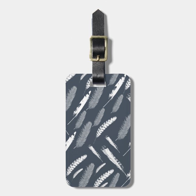 Navy White Feathers Luggage Tag (Front Vertical)