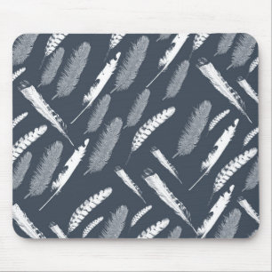 Navy White Feathers Mouse Mat