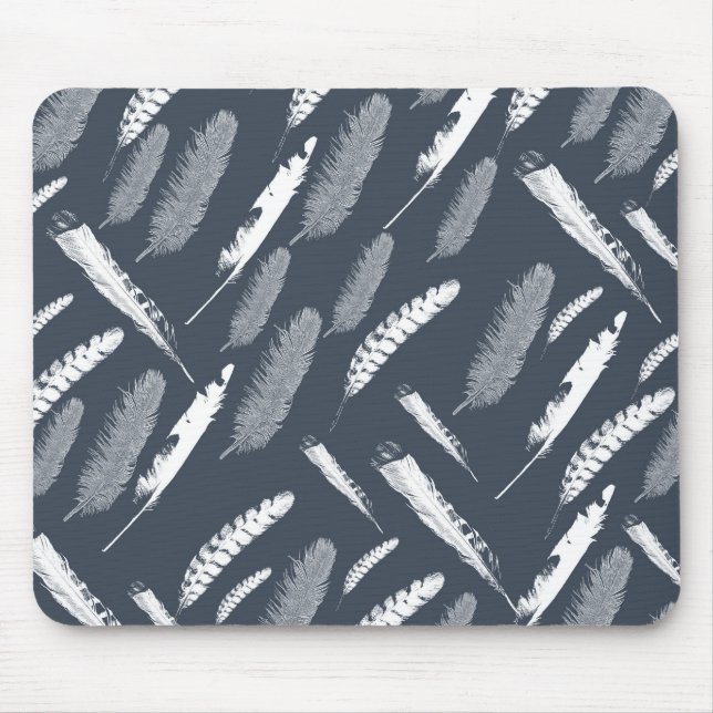 Navy White Feathers Mouse Mat (Front)