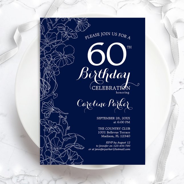 Navy White Floral 60th Birthday Party Invitation (Creator Uploaded)
