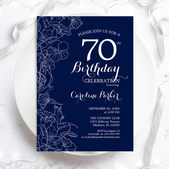Navy White Floral 70th Birthday Party Invitation (Creator Uploaded)