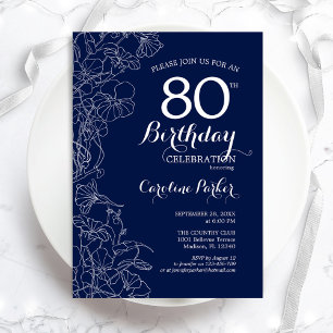 Navy White Floral 80th Birthday Party Invitation