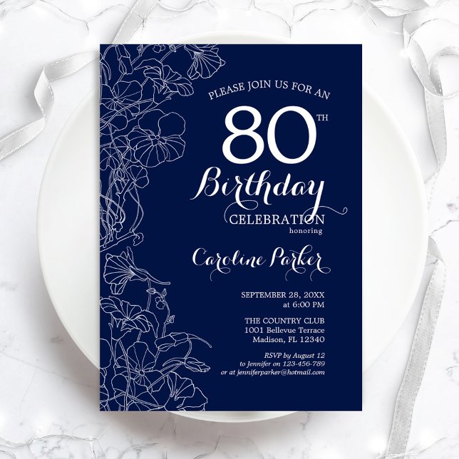 Navy White Floral 80th Birthday Party Invitation (Creator Uploaded)