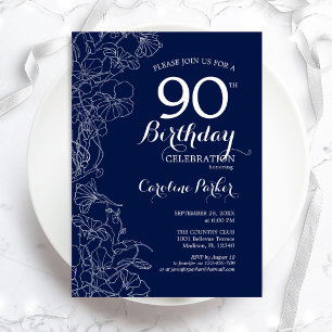 Navy White Floral 90th Birthday Party Invitation