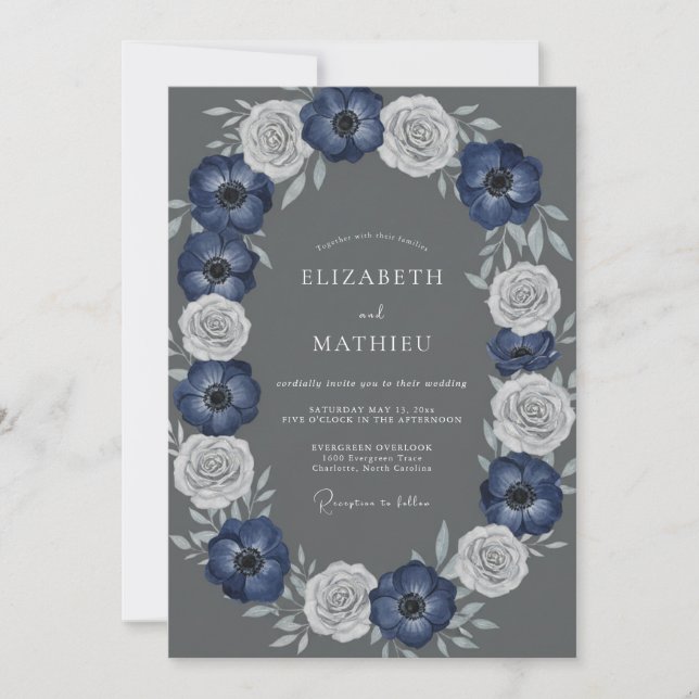 Navy White Floral Arch Wedding Invitation (Front)