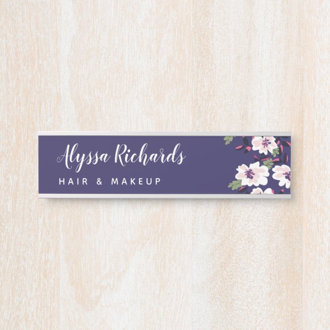 Navy & White Floral Beauty Make Up Hair Door Sign (Front)