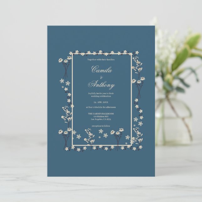 Navy White Floral Border Wedding Invitation (Standing Front)