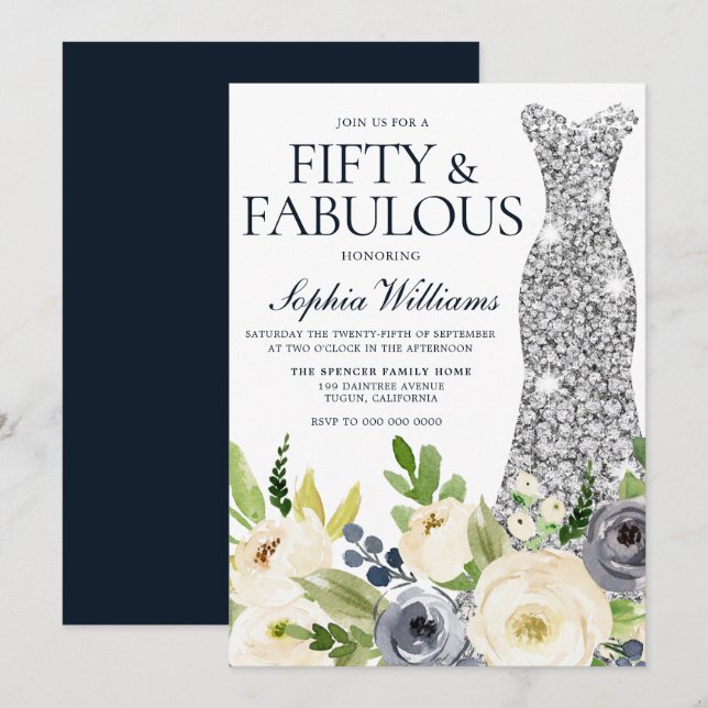 Navy & White Floral Diamond Dress 50th Birthday Invitation (Front/Back)