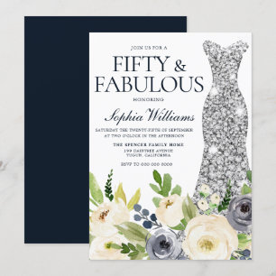 Navy & White Floral Diamond Dress 50th Birthday Invitation