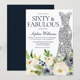 Navy & White Floral Diamond Dress 60th Birthday Invitation