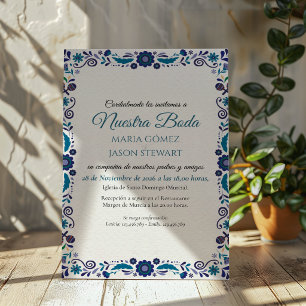 Navy White Floral Elegant Classic Spanish Wedding Invitation