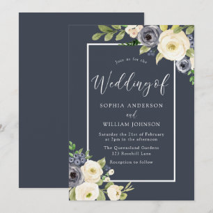 Navy & White Floral Elegant Wedding Invitation