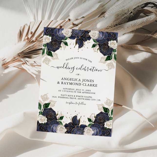 Navy & White Floral Elegant Wedding Invitation (Creator Uploaded)