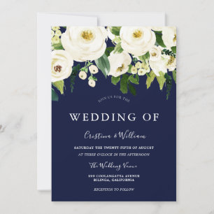 Navy & White Floral Elegant Wedding Invitation
