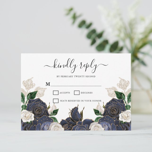 Navy & White Floral Elegant Wedding RSVP Card (Standing Front)