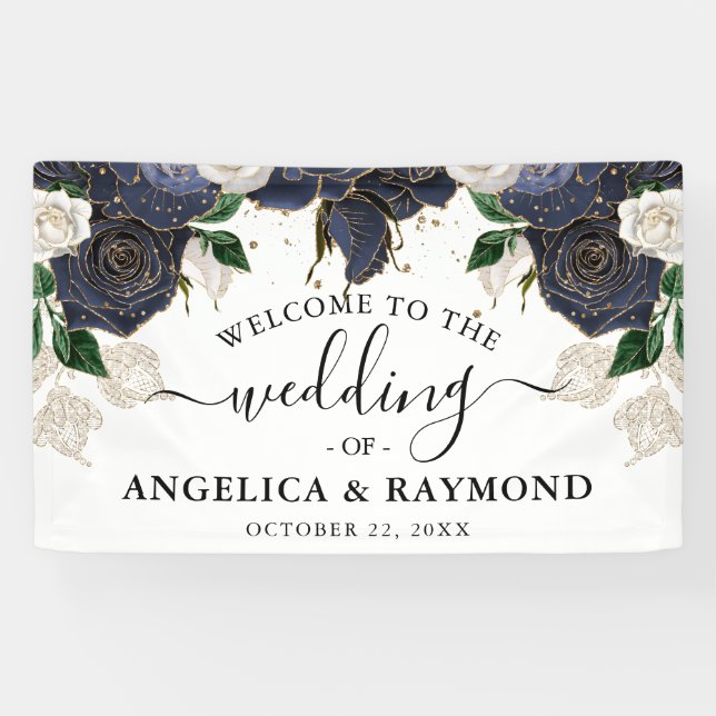 Navy & White Floral Elegant Wedding Welcome Banner (Horizontal)