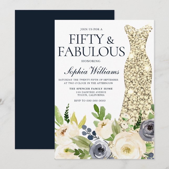 Navy & White Floral Gold Dress 50th Birthday Party Invitation (Front/Back)