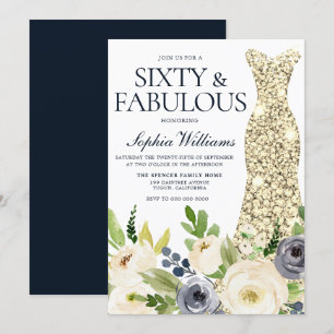 Navy & White Floral Gold Dress 60th Birthday Party Invitation