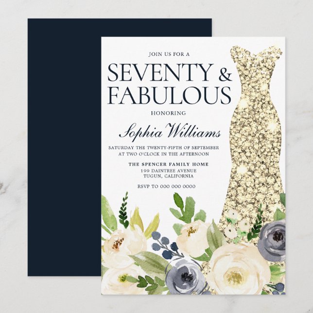Navy & White Floral Gold Dress 70th Birthday Party Invitation (Front/Back)