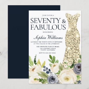 Navy & White Floral Gold Dress 70th Birthday Party Invitation