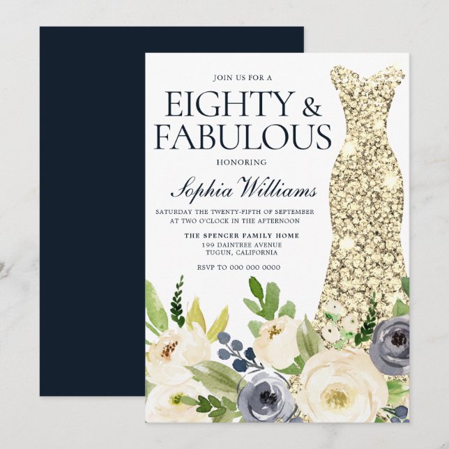 Navy & White Floral Gold Dress 80th Birthday Party Invitation (Front/Back)