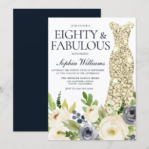Navy & White Floral Gold Dress 80th Birthday Party Invitation