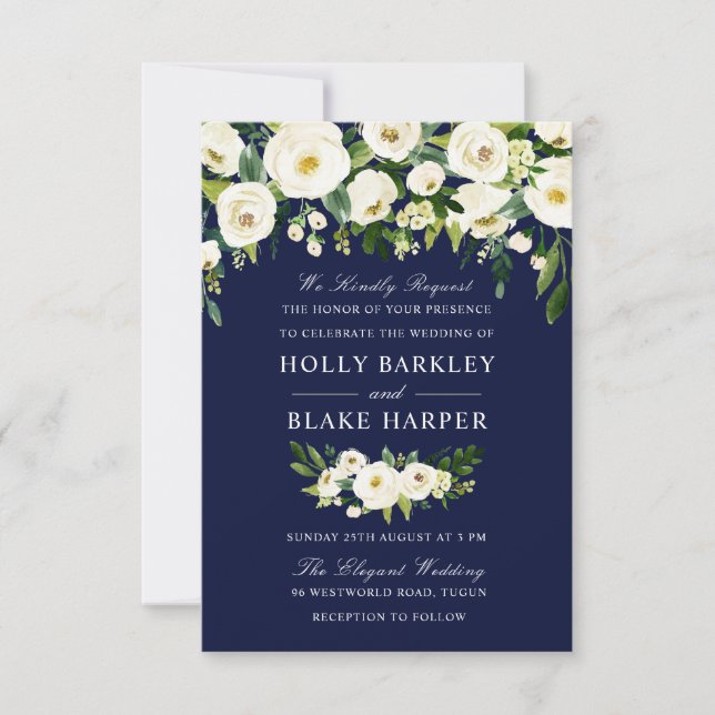 Navy & White Floral Greenery Wedding Invitation (Front)
