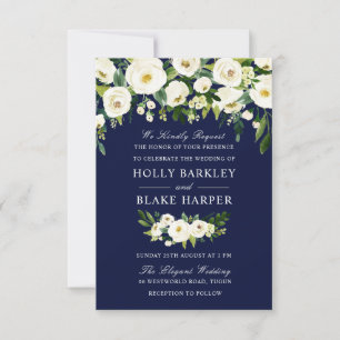 Navy & White Floral Greenery Wedding Invitation