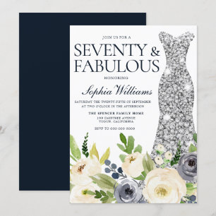 Navy White Floral Silver Dress 70th Birthday Invitation