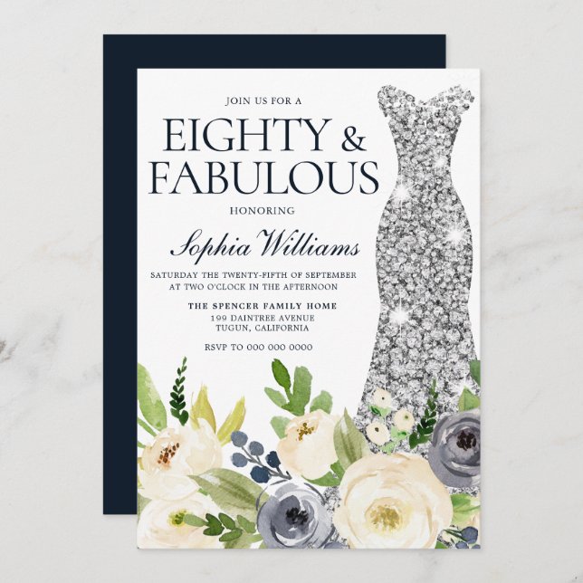 Navy White Floral Silver Dress 80th Birthday Party Invitation (Front/Back)