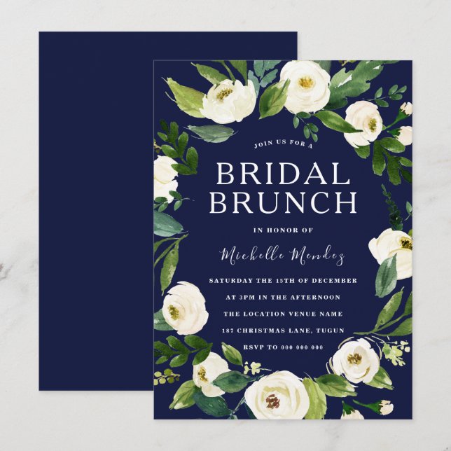 Navy & White Floral Wreath Bridal Shower Brunch Invitation (Front/Back)