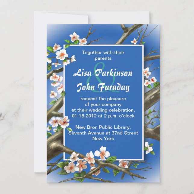 navy - white flower wedding invitation (Front)