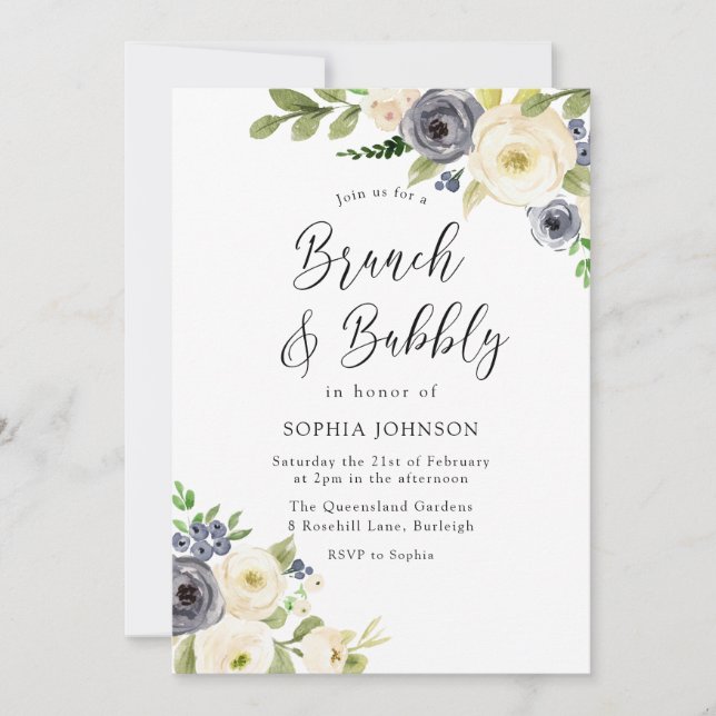 Navy & White Flowers Brunch & Bubbly Bridal Shower Invitation (Front)