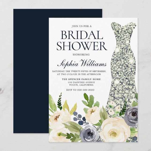 Navy & White Flowers Diamond Dress Bridal Shower Invitation (Front/Back)