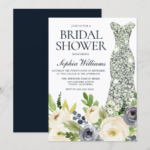 Navy & White Flowers Diamond Dress Bridal Shower Invitation