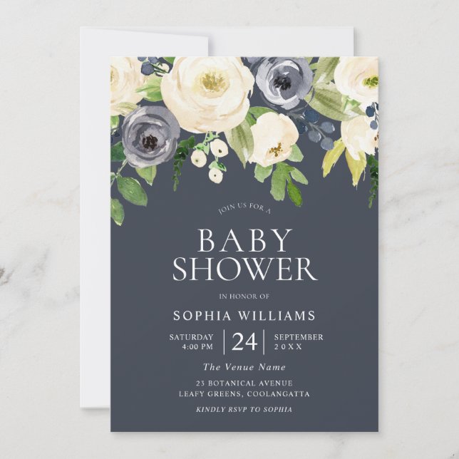 Navy & White  Flowers Girl Boy Modern Baby Shower Invitation (Front)