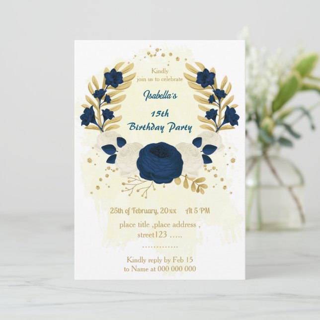 navy & white flowers gold birthday party invitation (Standing Front)