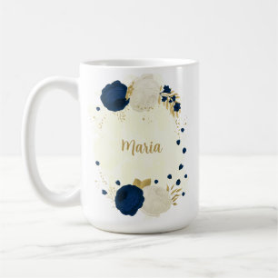 navy & white flowers gold botanical wedding coffee mug