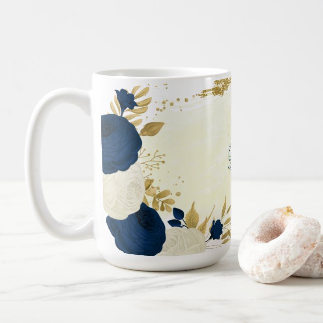 navy & white flowers gold botanical wedding coffee mug (With Donut)