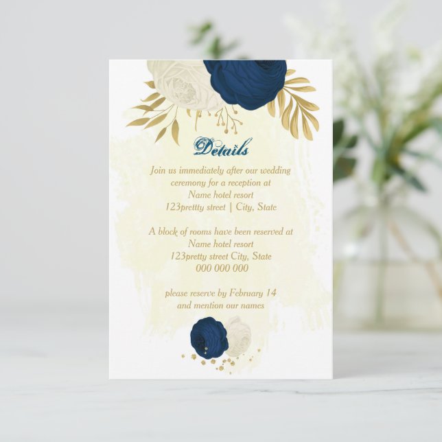 navy & white flowers gold botanical wedding enclosure card (Standing Front)