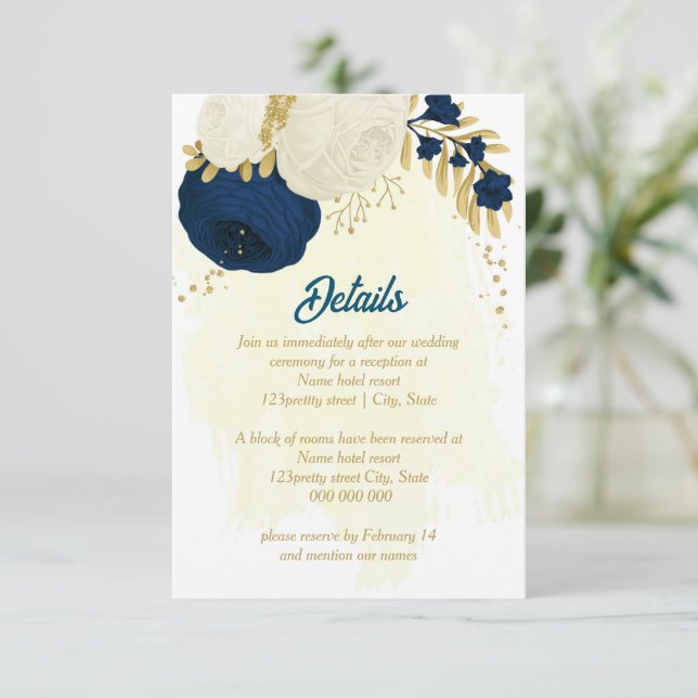 navy & white flowers gold botanical wedding enclosure card (Standing Front)