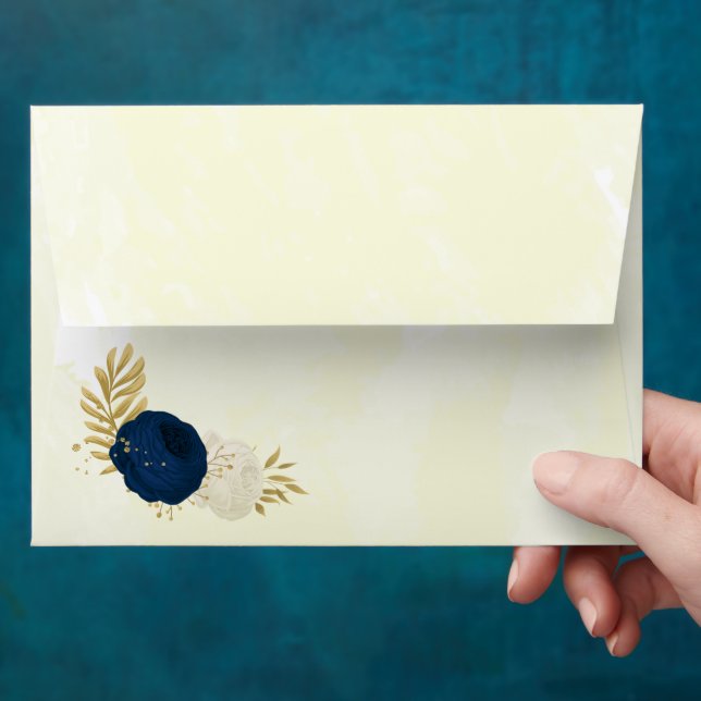 navy & white flowers gold botanical wedding envelope (Hand)