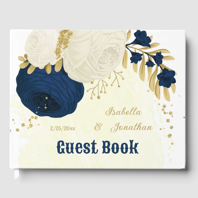 navy & white flowers gold botanical wedding guest book (Front)