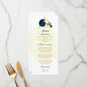 navy & white flowers gold botanical wedding menu