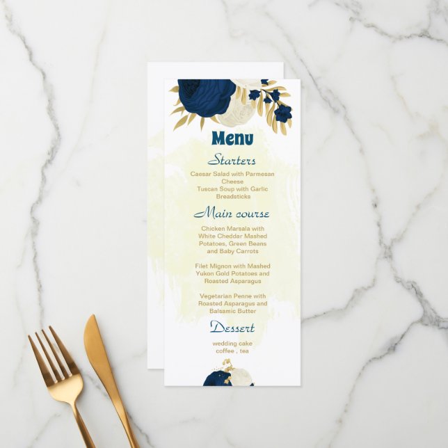 navy & white flowers gold botanical wedding menu (Front/Back In Situ)
