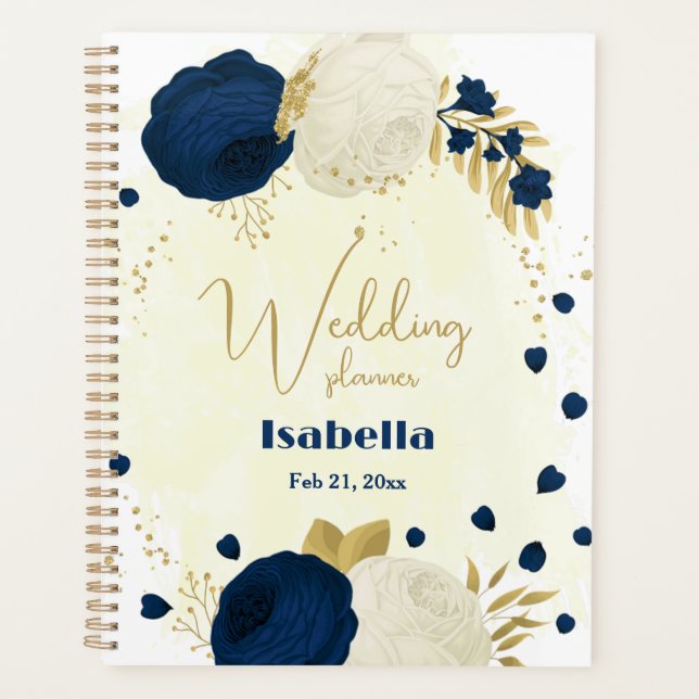 navy & white flowers gold botanical wedding planner (Front)